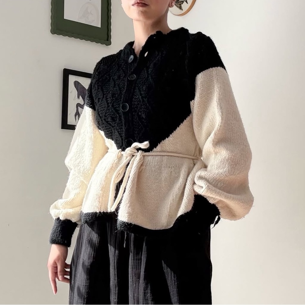Black & white knit sweater cardigan with tie waist